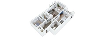 A 3D floor plan of a house with a living room, kitchen, and two bedrooms.